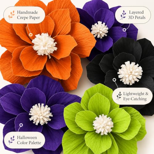 Image of Halloween Paper Flower Decorations Witch Death Reaper Pumpkin Zombie Ghost Wall Flowers Decor for Halloween Party Backdrop Wall Door Mantel Table Home Indoor Celebration Decor