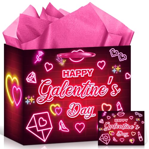 Galentine Gift Bag with Greeting Card and Tissue Paper Neon Colorful Best Bestie Day Party Favor Bags Large Valentine's Day Gift Wrapping Paper Bag for Women Lady Girls Galentine's Day Party Supplies