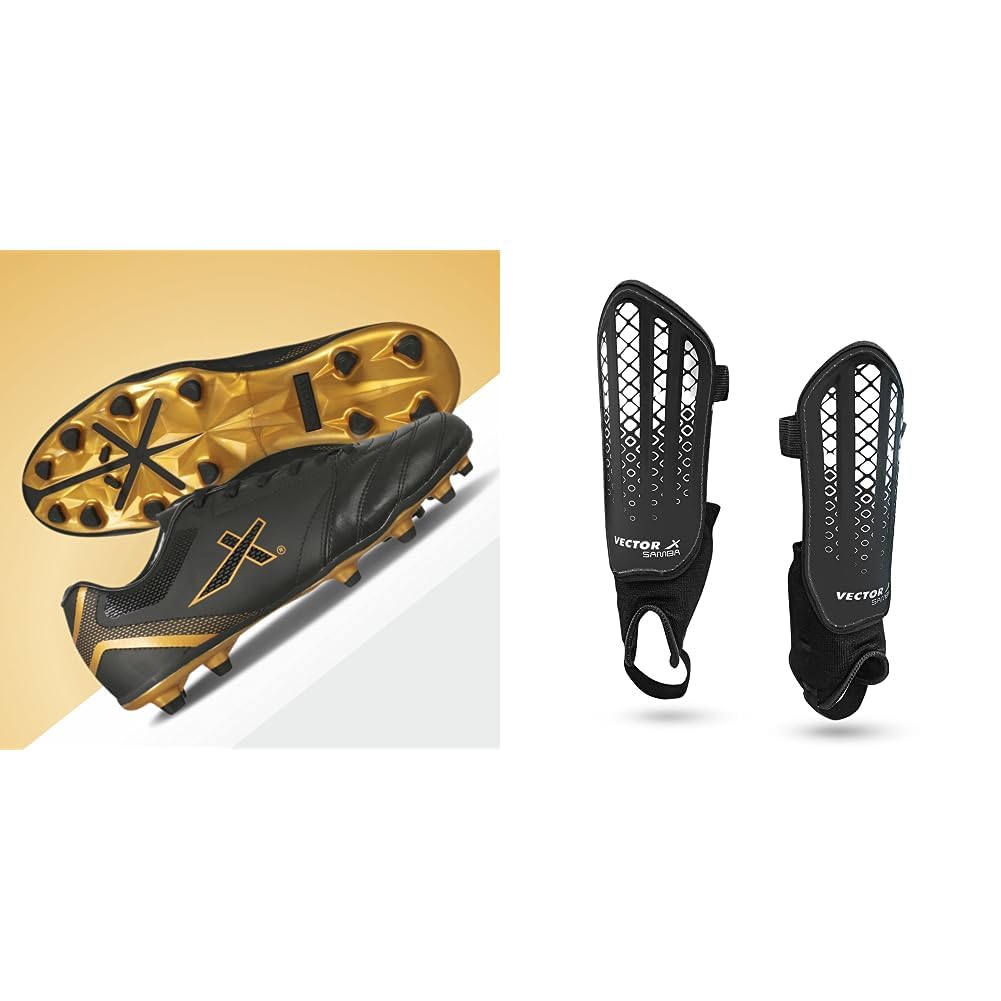 VectorxBlaze-2.0 Football Shoes for Men's | Black-Gold | Size-4 & VectorxSamba Shinguard with Ankle Adjustable | Training and Practice | for Girls and Boys | (Senior, Black-White)-image-10