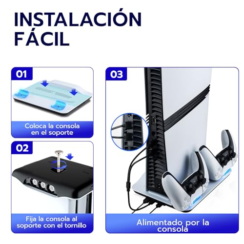 Wigearss Soporte Vertical para PS5/PS5 Slim/PS5 Pro con Ventiladores de Refrigeración, Carga para 2 Mandos, Iluminación LED y Ventilador de Enfriamiento Ajustable en 3 Niveles - imagen 8