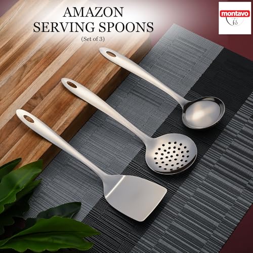Image of Montavo by FnS 3 Pieces Stainless Steel Serving Tools Set, Gravy Ladle, Solid Turner & Skimmer Turner, Mirror Finish Food Grade Kitchen Serving Utensils for Home, Cooking & Dining
