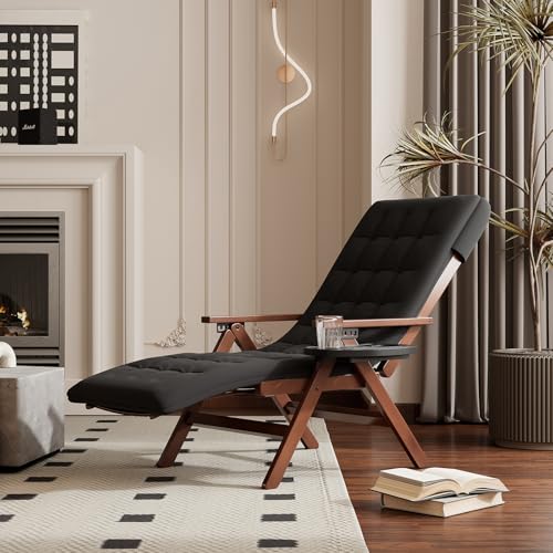 ZZV-Chaise-Lounge-Chair-Outdoor-with-Mattress-Bamboo-Patio-Lounge-Chair-with-Solid-Wood-Base-6-Adjustable-Positions-Retractable-Footrest-and-Cup-Holder-Tray-Folding-Patio-Recliner-Chair-Walnut