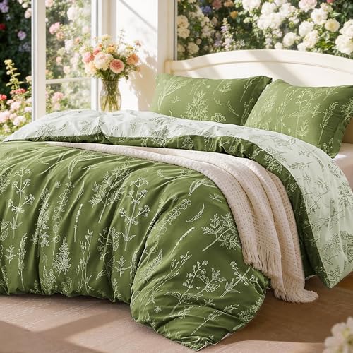 Love's cabin Floral Comforter Set Cute Bedding Full Reversible Olive Green