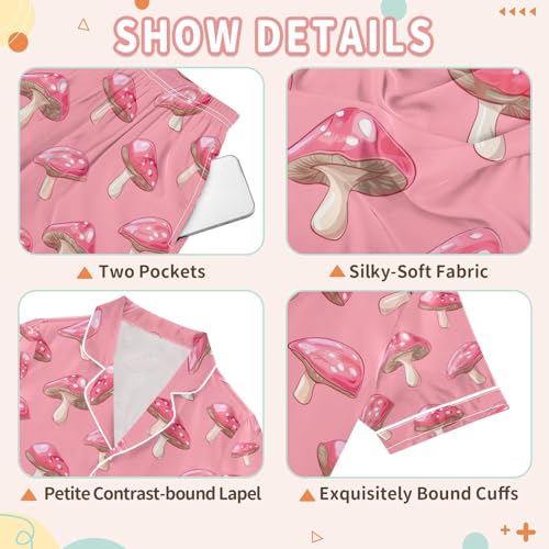 senya Pink Mushroom Satin Summer Pajama Sets Silk Short Sleeve Button Down Sleepwear3