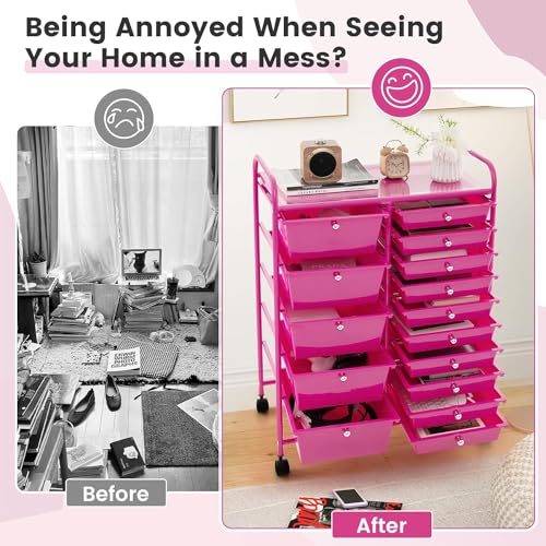 Image of LDAILY 15 Drawer Rolling Storage Cart, Rolling Cart with Drawers for Classroom, Art Supply Craft Organizer on Wheel with Metal Frame & Handles for Home Office School