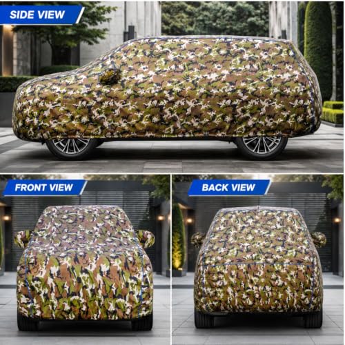 Image of Waterproof Car Body Cover for Kwid All Weather Protection Comes with Inner Cotton Lining & Triple Stitched with Mirror & Antenna Pocket Belt & Elastic Fit Army with Yellow Piping