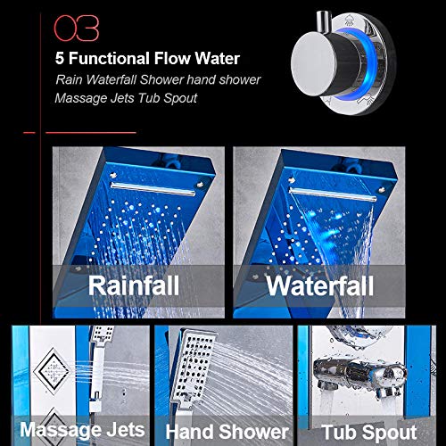 Panel de ducha hidroeléctrico azul y negro, columna de ducha con LED, lluvia y cascada, pantalla digital LCD y rociador bidet miniatura 5