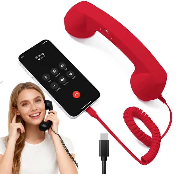 Vintage Retro Phone Handset,Cell Phone Receiver with Speaker and Microphone Type-C Retro Telephone Wire Handsets Style Landline Handle Receiver for Smartphones (RED)-image-35