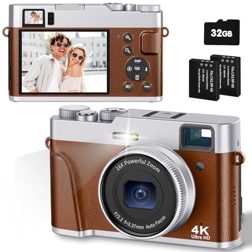 CAMKORY Camara de Fotos Digital 4K 48MP Autofoco Tarjeta 32G Visor Optico Cámara Digital Compacta Fácil de Usar Zoom 16x Flash Estabilización Imagen Ligero para Principiante 2 Baterías Negro