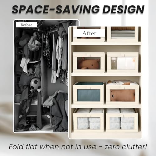 Image of OCEANEVO Set of 4 Linen Wardrobe Organizer for Storage WITH Luggage Tag, Foldable Cupboard Organizer for Clothes, Closet Organiser Basket with Clear Window - 40 x 27 x 17 Cm - Beige