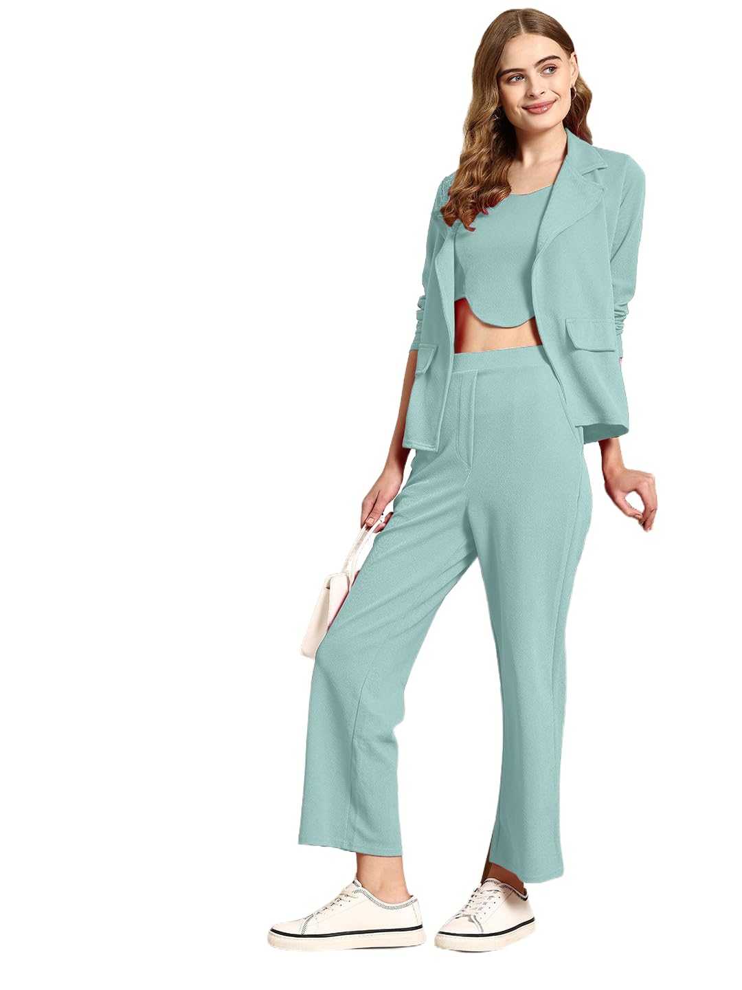 Women’s Lycra Solid Three Piece Outfits Blazer Co-Ord Set Women Outdoor Wear Maxi Dress Crop top Party Dress Stylish Latest Dresses