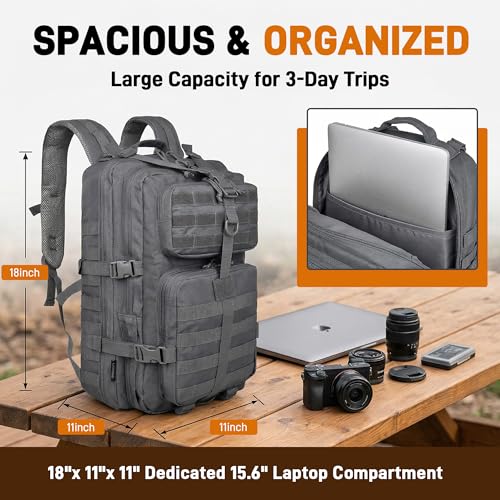 Military Tactical Backpack for Men, Tactical Laptop Backpack with Molle Waterproof, Army 3 Days Assault Pack & Bug Out Bag for Hiking (09-Gray) - Image 4
