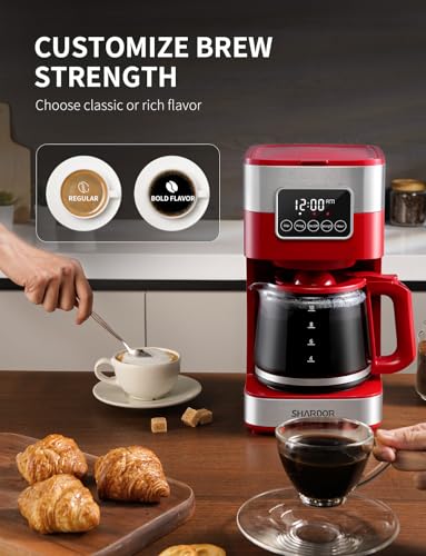 Image of SHARDOR 10-Cup Programmable Coffee Maker, Regular & Strong Brew Drip Coffee Machine for Home and Office, Auto Shut Off, Permanent Filter (red)