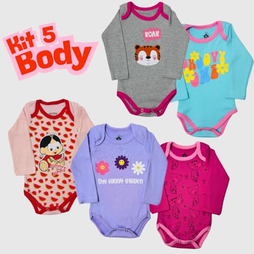 Kit 5 Body Manga Longa Para Bebês Feminino Menina Tecido Canelado Cores Vibrantes E Neutras Premium