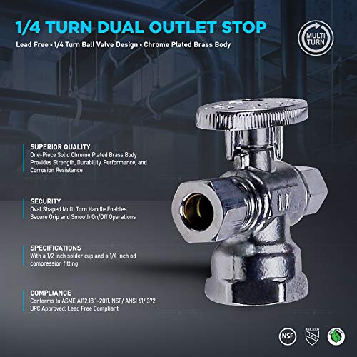 Image of Midline Valve 86311QS-OM-5 Water Supply Angle Stop Valve; Dual Outlet; Quarter Turn Wheel; for Toilet, Sink, Dishwasher; 1 /2'' FIP x 3 /8'' x 3 /8'' Compression; Chrome Plated Brass (5 PK)
