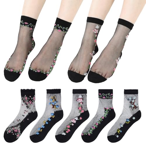 Tyqour 5Paar Durchsichtige Socken Damen Schwarz Transparente Söckchen Damen Ultra Dünner Netz Sommer Seidige Coole Söckchen Trachtensocken Modisch Feinstrümpfe Nylonstrümpfe Knöchelsocken für Mädchen