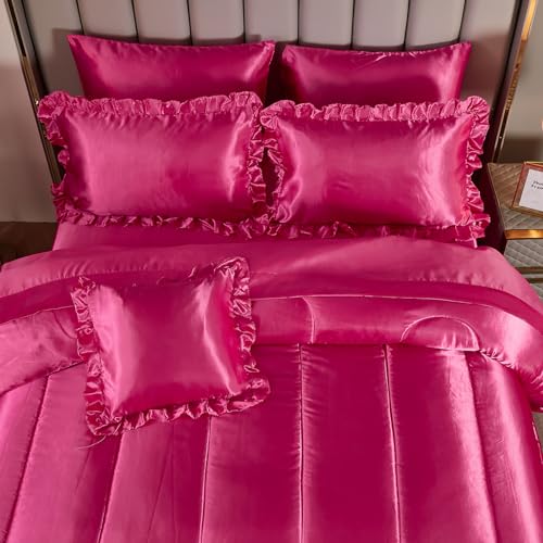Bedding_Dreamer Queen Size Satin Bed in a Bag Hot Pink Bedding Set Silk Like Silky Comforter Set Sexy Silky Sheet Set Luxury Hotel Room Decor Womens Girly Bed Sets Ruffled Gothic Down Comforter 8 Pcs by Bedding_Dreamer - Used condition - Image 4