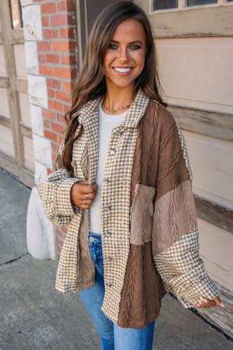 Ecosunny Womens Casual Long Sleeve Button Down Shirt Jacket Houndstooth Patchwork Shacket Lightweight Coat Tops3