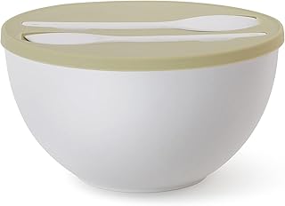 10" Large Salad Bowl with Sealed Lid & Serving Utensils,135Oz, White Big Bamboo Fiber Salad Serving Bowl with Servers for Mixing/Serving (Silicone Light Green Lid)