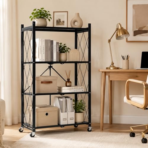 Image of 4 Tier Foldable Metal Storage Shelves on Wheels No Assembly