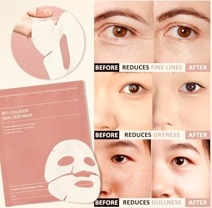 Image of Bio-Collagen Real Deep Sheet Mask for Hydrating and Firming Skin | Face Mask for Glowing Appearance and Pore Care with Hyaluronic Acid and Probiotics | Suitable for All Skin Types, 34g