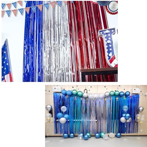 Image of 4 Pack Blue Fringe Backdrop 12.8x8.2 Feet Sparkle Metallic Tinsel Foil Fringe Curtain, Navy Blue Fringe Curtains Party Decorations for Christmas Birthday Graduation