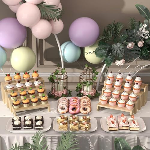 Image of 2 Set Wooden Tiered Risers Display Stands for Vendor Events,Stackable Wood Cupcake Display Stand,Farmhouse Decor Wood Dessert Table Display Set,Vendor Booth Display Items,Food Display Risers for Party