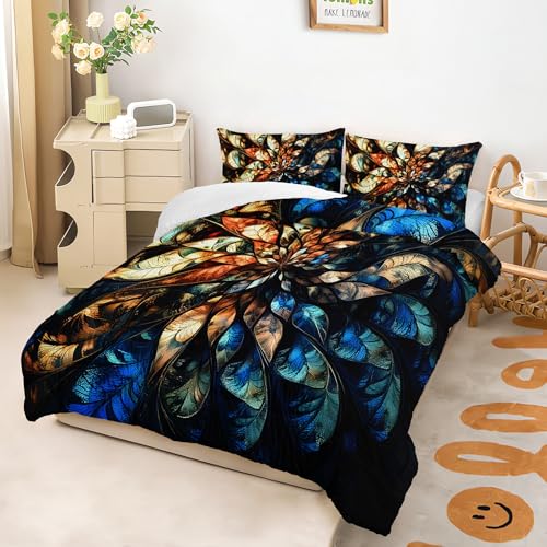 Image of AILONEN Luxury Floral Bedding Set Full Size for Girls Women,Blue and Gold Mandala Comforter with 2 Pillowcases,3-Piece Abstract Art Quilt Set for Bedroom Decor
