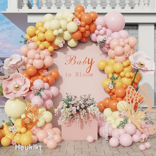 160Pcs Pink Yellow Orange Balloon Garland Arch Kit, Macaron Pastel Pink and Yellow Latex Balloons for Baby In Bloom Birthday Boho Daisy Groovy Spring Party Decorations