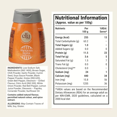 Image of Ella Foods Mexican Fajita Seasoning Powder (100g)- Pack of 2 | Authentic Mexican Seasoning Mix for tacos and burritos | Made with Cold Pasteurized Cryogenic Spices | Low Sodium & 99% Microbial-Free
