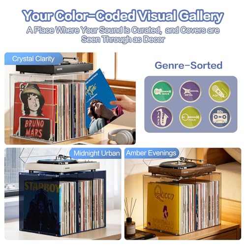 Bikoney Stackable Cube Acrylic Vinyl Record Storage, Tabletop Record Player Stand with Divided Vinyl Shelf, Vinyl Holder & Album Storage Box Crate Bin, Clear by Bikoney - Image 6