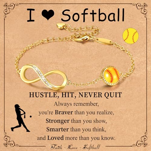 Miss Chipmunk Softball Bracelet for Girls Teen Women 14K Gold Plated Infinity Charm Link Bracelet Sports Accessories Jewelry Gifts for Lovers Players Team Coach(Softball Gold)