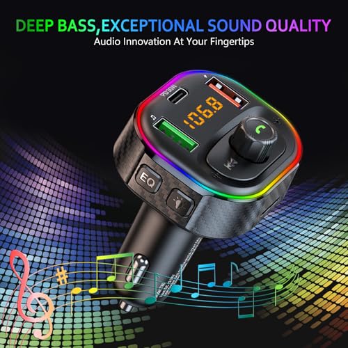 SETHDA FM Transmitter Bluetooth Car Adapter, Fast Charging 48W (PD30W & 18W), Dual Mics & HiFi Deep Bass Sound, QC3.0 USB C Car Charger Adapter, Wireless Radio Receiver - T86 Black - Thumbnail 4