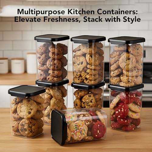 Image of Plastic Airtight Containers Set For Kitchen Storage And Containers Box For Pantry Organization And Container (1100ml, Black And Transparent) Set of 8