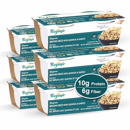Reganic Organic Brown Rice with Quinoa & Garlic Cups, USDA Organic, Nutty & Wholesome Blend, 100% Recyclable Pouch, 10g Protein, 6g Fiber, Ready in 1 Minute, Gluten-Free Vegan Non-GMO, Quick Healthy Side Dish 8.8 oz (2×125g), Pack of 6