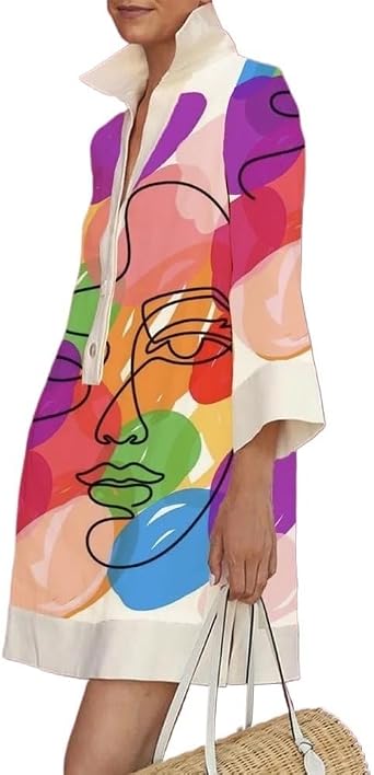 UOOZEE Summer Dresses for Women Casual Shirt Dress 3/4 Quarter Long Sleeve Printed Work Dress