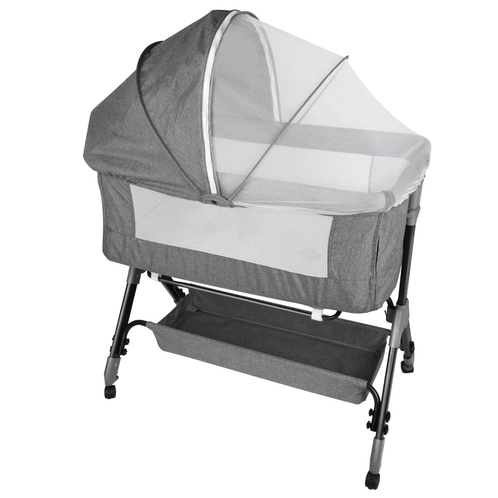 LANTUS Baby Beistellbett,Kompatibel mit verschiedenen Betten, Einfach zu Montieren und Transportieren,höhenverstellbar, 4 Rollen, hervorragende Luftzirkulation,104 x 52 x 100–110 cm – Weißgrau