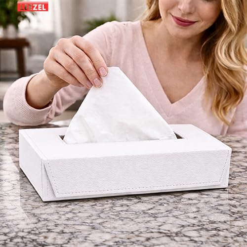 Image of LEEZEL| Tissue Box Holder with 100 Pulls Cotton Rags Tissue | Handcrafted Fine Leather - Like Finish | for Gifting, Office Desks, Cars & Home Decor | Durable & Water Resistant. (White)