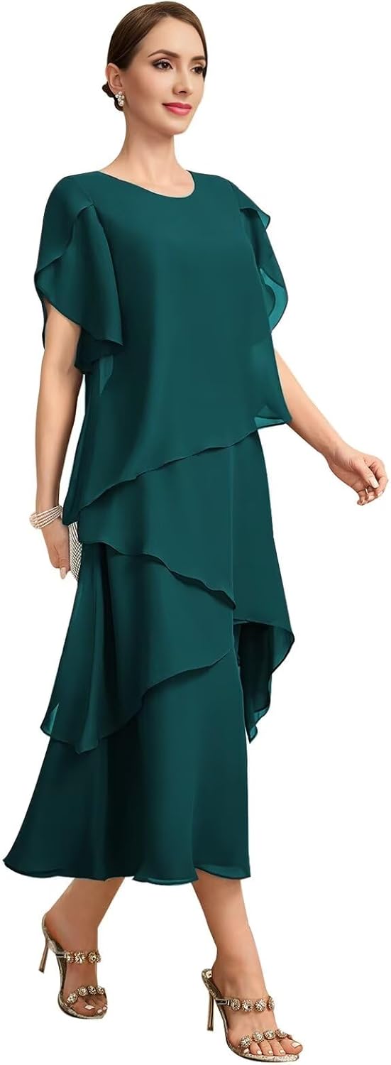Chiffon Mother of The Bride Dresses for Women Tea Length Formal Wedding Guest Dress...
