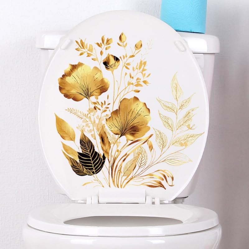 Golden Flower Leaves Toilet Cover Sticker Decals,Fish Bird Flower Leaf Waterproof Toilet Lid Tank Seat Decals Cistern Self-Adhesive Bathroom Wall Sticker