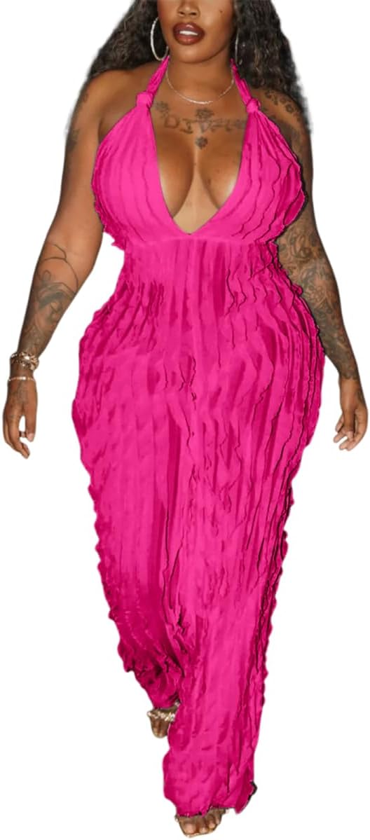 ENOPINK Womens Summer Backless Jumpsuits Dressy Sexy High Waist Wide Leg Romper Ruffle One Piece Outfits Clubwear Small Hot Pink