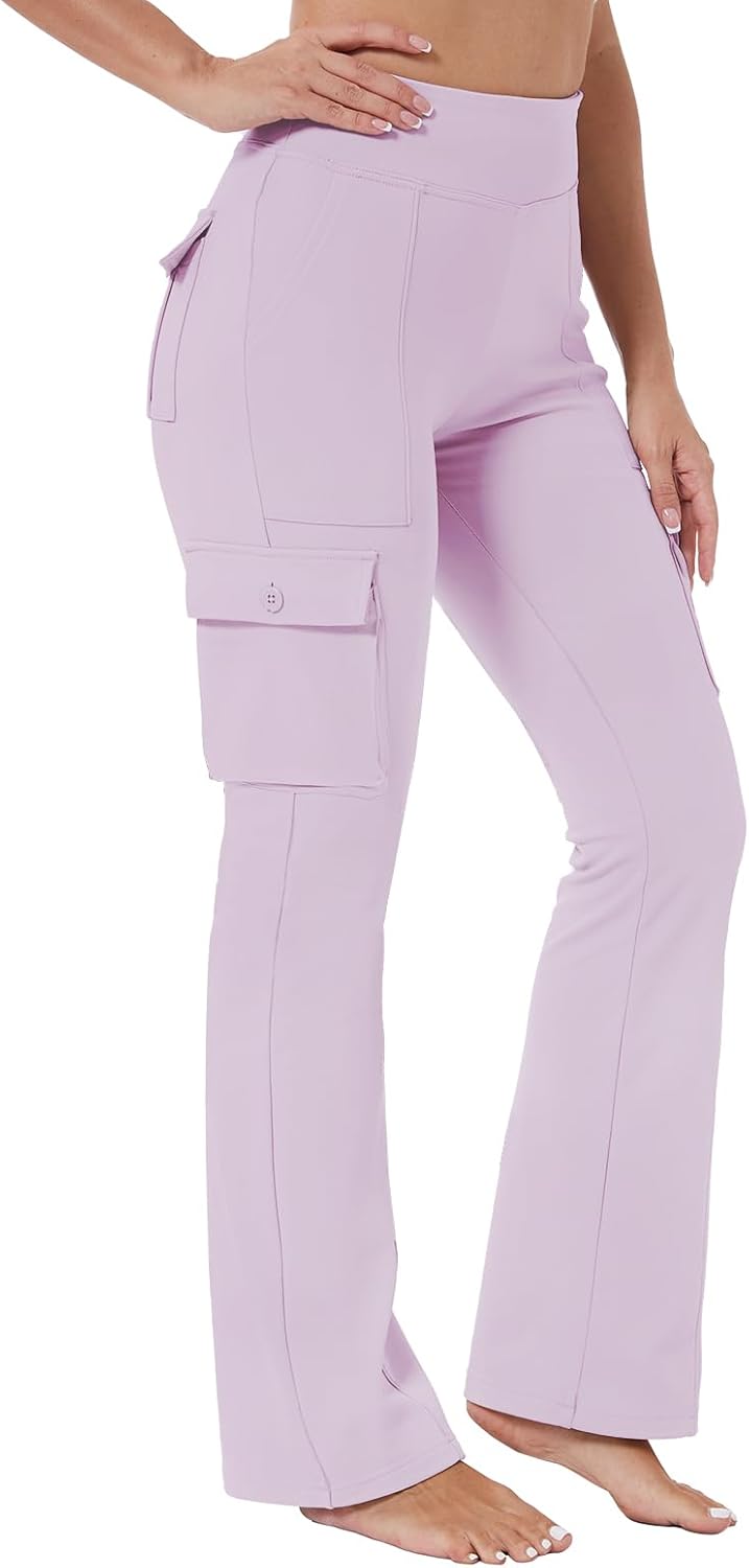 Yoga Flare Leggings for Women High Waisted Yoga Casual Pants Workout Leggings Cargo with 6 Pockets Bootcut Yoga Pants Purple Pink Small