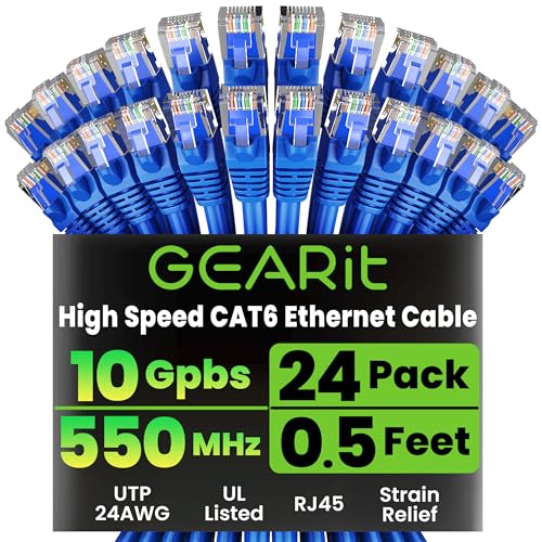 GearIT Cat 6 Ethernet Cable Pack - 24-Pack 0.5 ft Cat6 Ethernet Patch Cables | RJ45 Network Patch Cable, 10 Gbps Snagless Gold-Plated Connectors - Ethernet Cable Cat 6 for PC, TV, Router - Blue