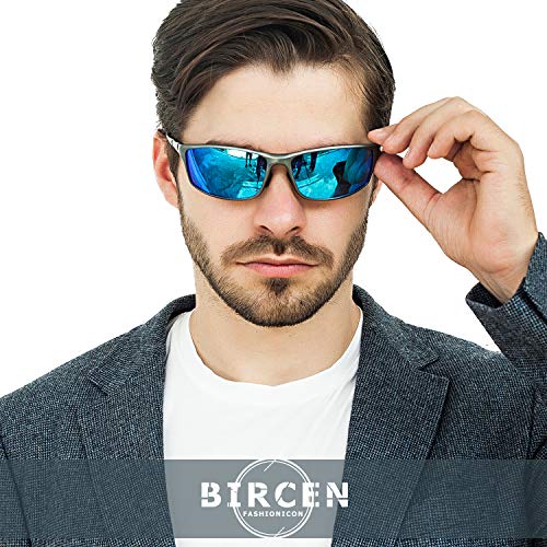 Image of Bircen Polarized Mens Sunglasses: UV Protection Black Blue Shades for Men Sport Driving with Al-Mg Metal Frame