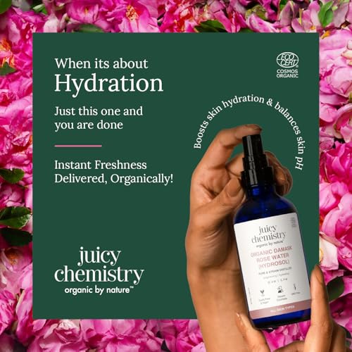 Image of Juicy Chemistry Organic Rose Water (Hydrosol), 200 ml | Face Toner for Glowing, Brighter and Hydrated Skin | Made with Bulgarian Damask Roses - Clinically Tested