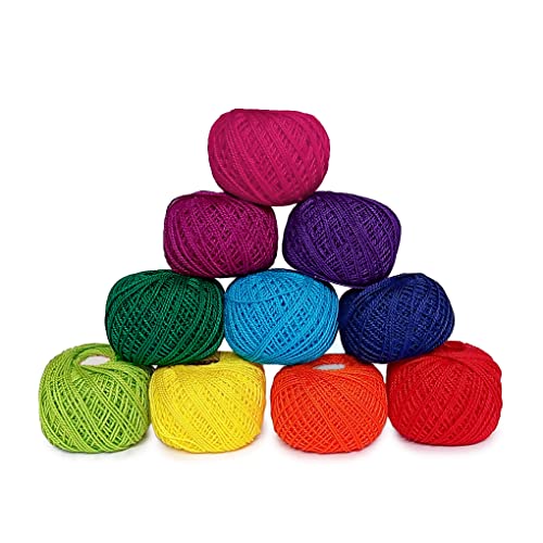 KGS Crochet Thread Cotton Yarn Balls | Size 8 | 10 Balls | 10 Grams Each Ball | Total 100 Grams of Pearl Cotton Thread for Crocheting, Cross Stitch, Needlepoint Hand Embroidery (Vibrant Rainbow)