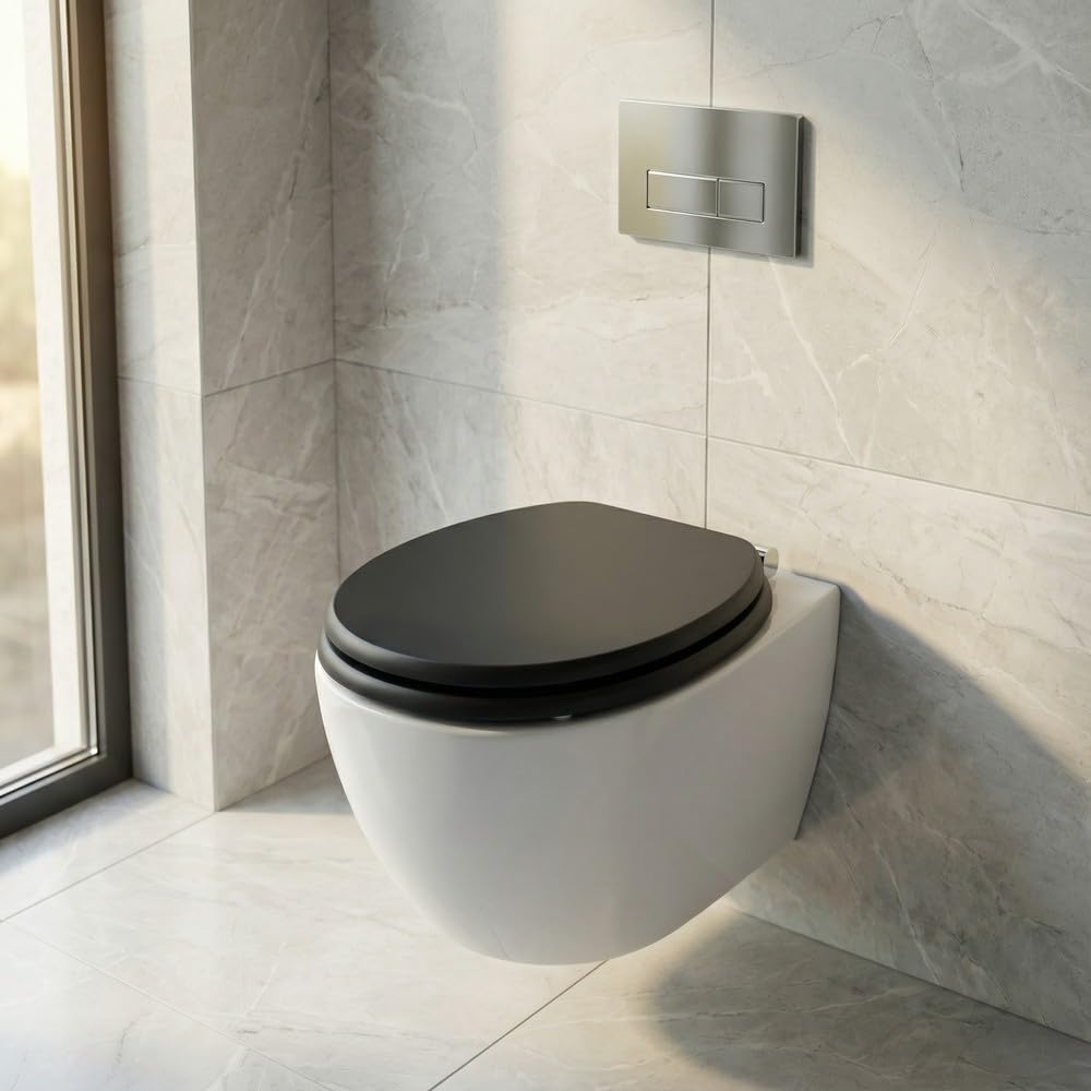 SINOBATH,Sedile WC - Copriwater Universale di alta qualità in legno, tanti motivi colorati, seduta comoda, facile da montare con istruzioni di montaggio Nero