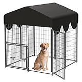 4x4.2x4.5ft Outdoor Dog Kennel, Metal Heavy Duty Dog Run with Rotating Door & 2 Adjustable Bowls, Dog Kennel Outside with Waterproof Cover, Pet Enclosure Indoor for Small/Medium/Large Dogs