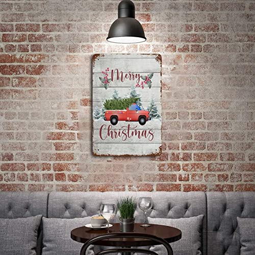 Wodevor Merry Christmas Tree Truck Metal Signs Red Truck Christmas Tree Tin Plaque Plate Retro Vintage Metal Signs Customized Outdoor Hanging Wall Plaque Kitchen 8X12 Inch #TOP4