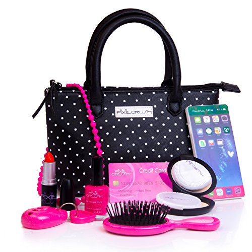 PixieCrush Pretend Play Kid Purse Set for Girls with Handbag, Pretend Smart Phone, Keys with Remote, Pretend Makeup, Lipstick – Interactive & Educational Toy (Black Polka Dot)